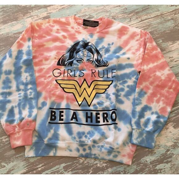 Medium Wonder Woman Pink Blue Tie Dye "Girls Rule" Sweatshirt New Pullover Crew - Picture 2 of 8